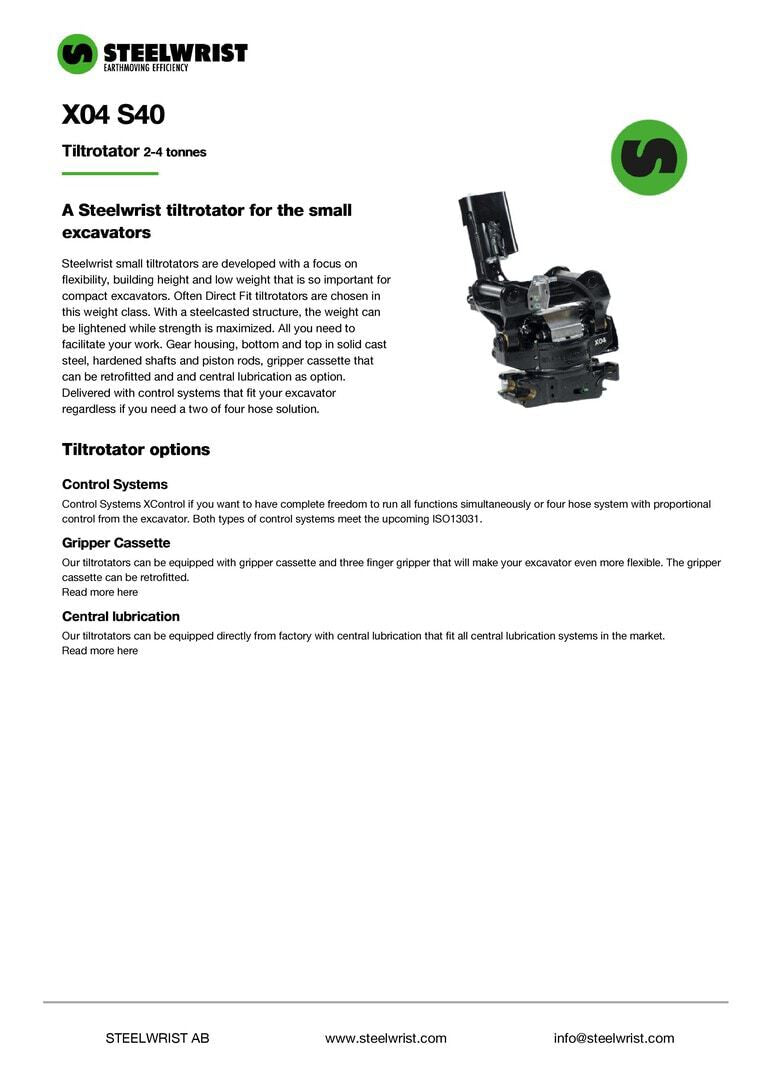 Steelwrist X04 Tiltrotator for 2–4 t Excavators – S40 Sandwich, Hydraulic Open/Close