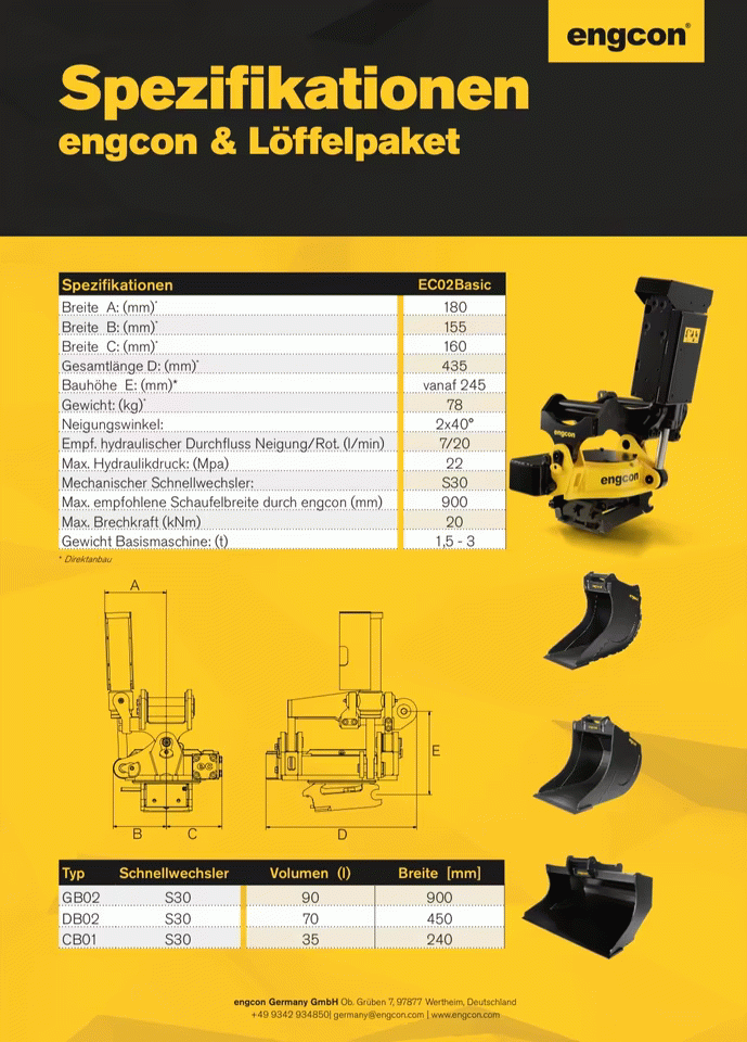Engcon EC02B Tiltrotator for 1.5–3 t Excavators – S30 Sandwich, Hydraulic Open/Close, 3-Bucket Kit