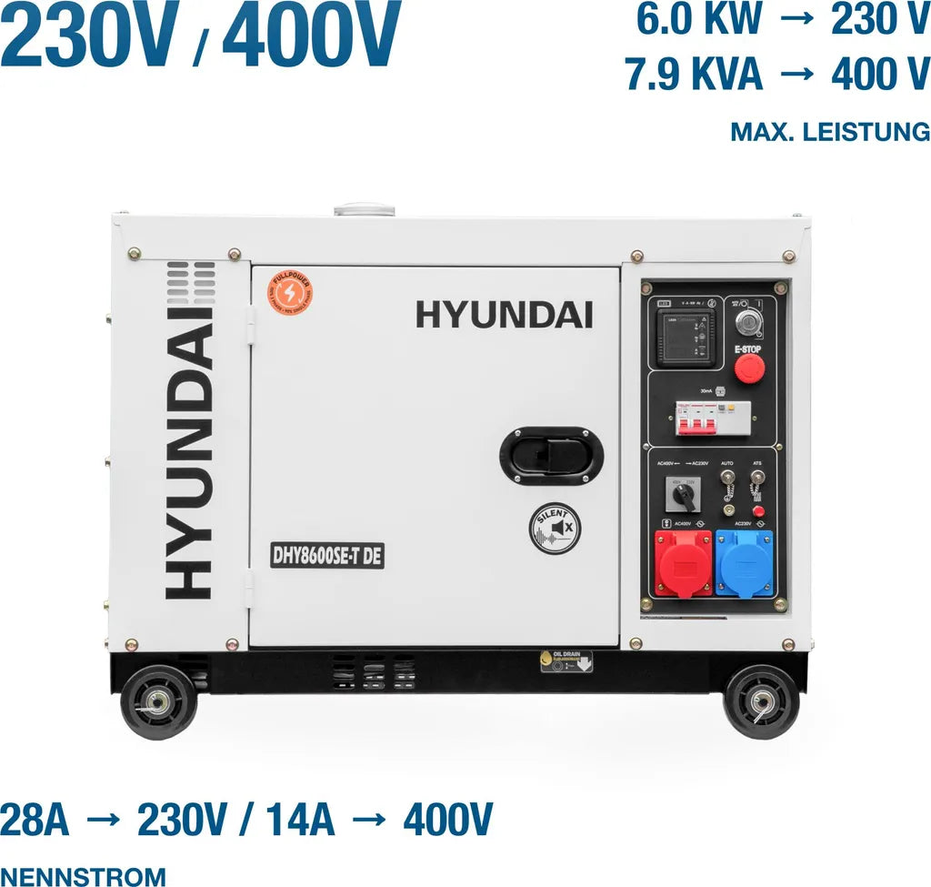 Hyundai DHY8000SE 8.0kW Silent Diesel Generator – Electric Start, Single-Phase